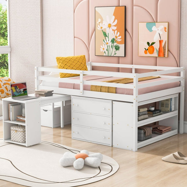 English Elm Full Size Loft Bed with Retractable Desk Stair Storage Drawers Pinewood Frame White LT100217AAK