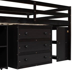 English Elm Full Size Loft Bed with Retractable Desk Stair Storage Drawers Pinewood Frame Espresso LT100217AAP