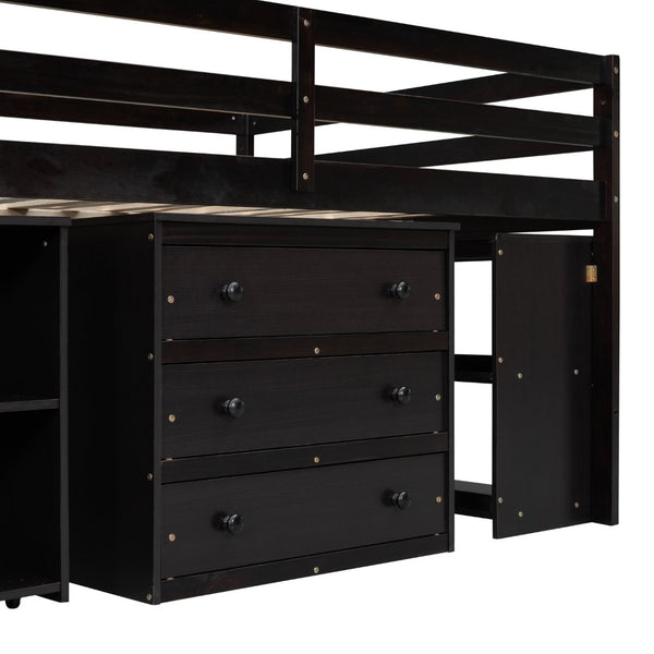 English Elm Full Size Loft Bed with Retractable Desk Stair Storage Drawers Pinewood Frame Espresso LT100217AAP