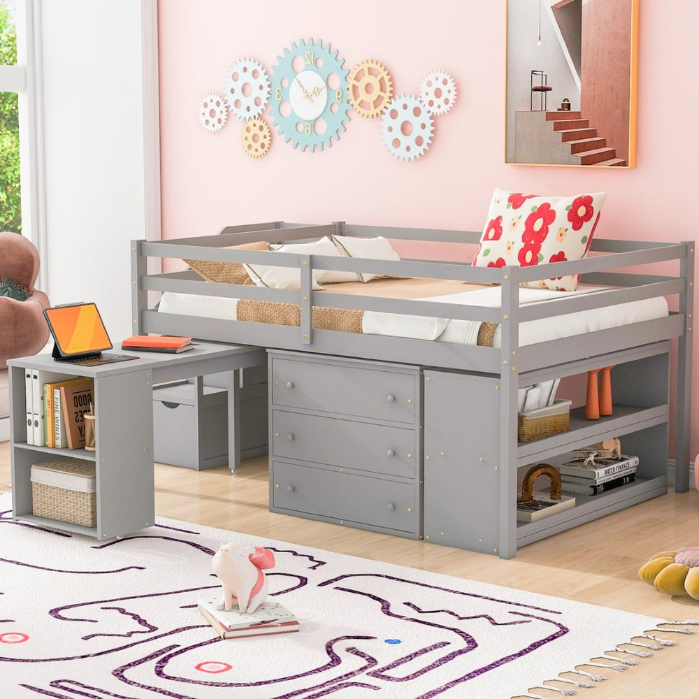 English Elm Full Size Loft Bed with Retractable Desk Stair Storage Drawers Pinewood Frame LT100217AAE
