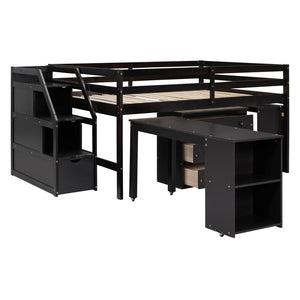 English Elm Full Size Pinewood Loft Bed with Fold Away Desk Storage Stairs and Three Drawers LT000217AAP
