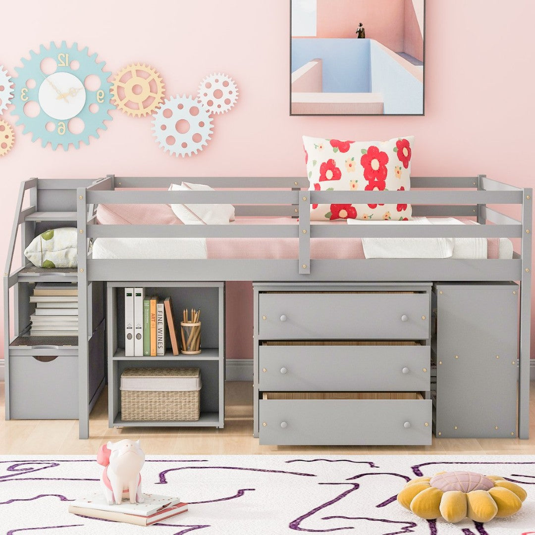 Full Size Loft Bed with Retractable Desk Stair Storage Drawers Pinewoo