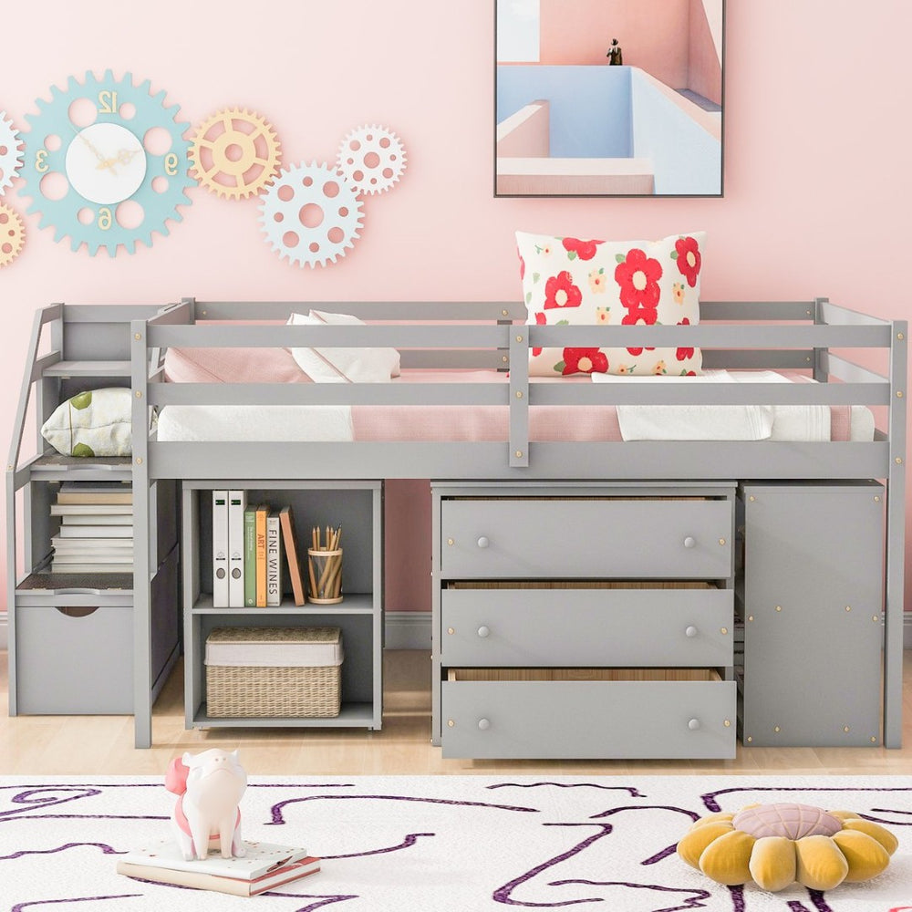 English Elm Full Size Loft Bed with Retractable Desk Stair Storage Drawers Pinewood Frame LT100217AAE