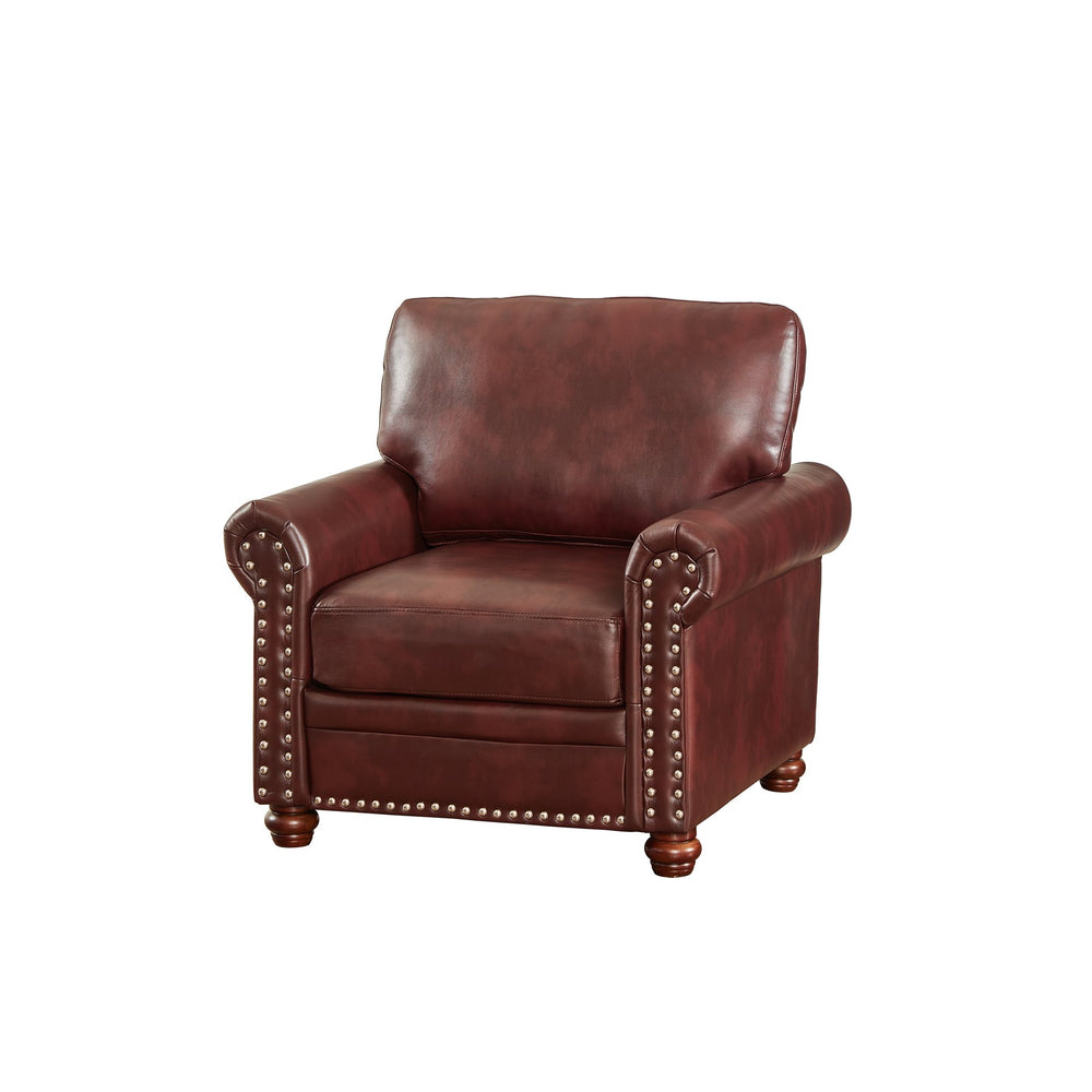 English Elm Living One Seat Sofa Chair with Faux Leather Upholstery, Solid Wood Frame and Comfortable Foam Cushion Burgundy W1097125452