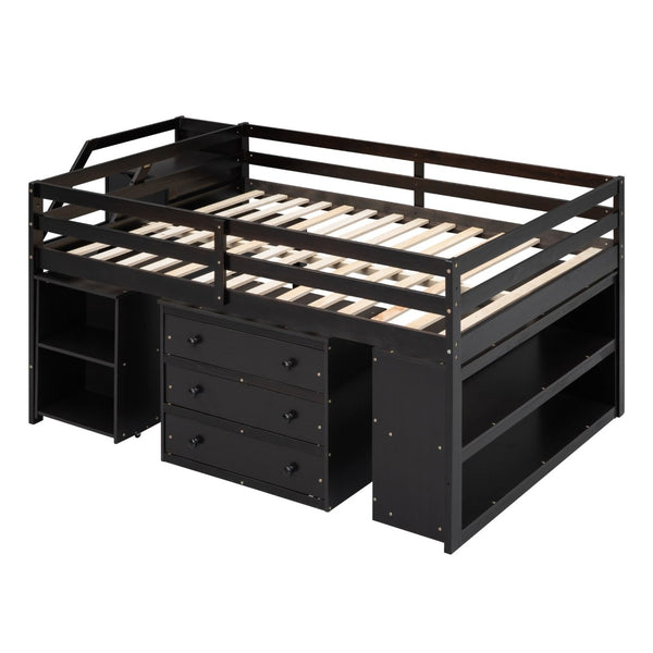 English Elm Full Size Loft Bed with Retractable Desk Stair Storage Drawers Pinewood Frame Espresso LT100217AAP