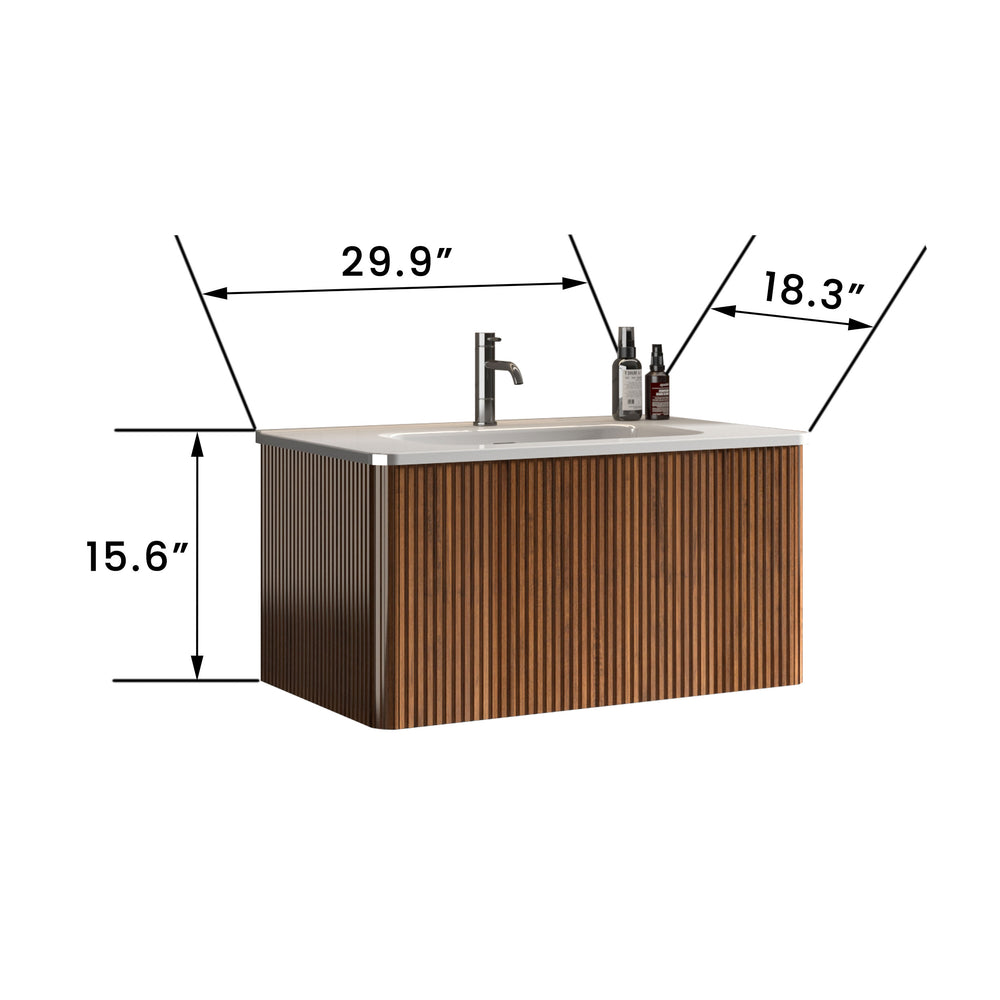 English Elm Etna 30" Striped Walnut Floating Vanity with White Ceramic Sink, Push-Open Drawer & U-Shaped Fitment W1865S00113