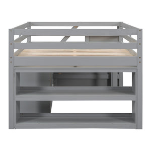 English Elm Full Size Loft Bed with Retractable Desk Stair Storage Drawers Pinewood Frame LT100217AAE