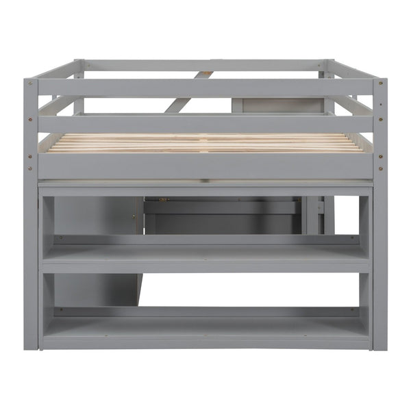 English Elm Full Size Loft Bed with Retractable Desk Stair Storage Drawers Pinewood Frame LT100217AAE