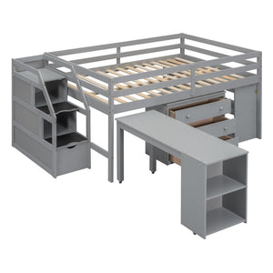 English Elm Full Size Loft Bed with Retractable Desk Stair Storage Drawers Pinewood Frame LT100217AAE