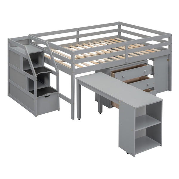English Elm Full Size Loft Bed with Retractable Desk Stair Storage Drawers Pinewood Frame LT100217AAE