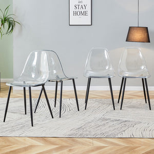 English Elm Modern Minimalist Transparent Dining Chair, Plastic Chair, Armless Crystal Chair, Nordic Creative Makeup Stool, Negotiation Chair, Set Of 4 Pieces, Black Metal Legs,Tw-1200