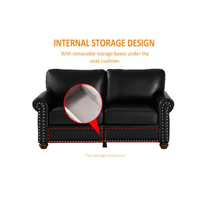 English Elm Living Room Sectional Sofa Set with Hidden Storage Pu Leather Nailhead Trim Black W1097S00273