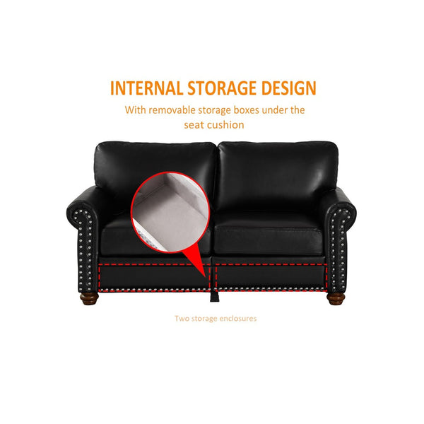 English Elm Living Room Sectional Sofa Set with Hidden Storage Pu Leather Nailhead Trim Black W1097S00273