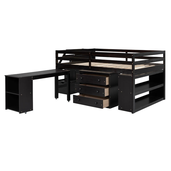 English Elm Full Size Pinewood Loft Bed with Fold Away Desk Storage Stairs and Three Drawers LT000217AAP