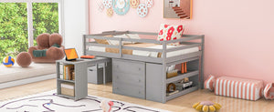 English Elm Full Size Loft Bed with Retractable Desk Stair Storage Drawers Pinewood Frame LT100217AAE