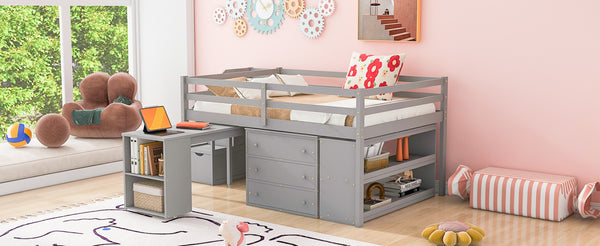 English Elm Full Size Loft Bed with Retractable Desk Stair Storage Drawers Pinewood Frame LT100217AAE