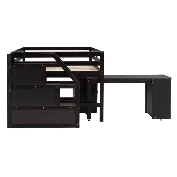 English Elm Full Size Pinewood Loft Bed with Fold Away Desk Storage Stairs and Three Drawers LT000217AAP