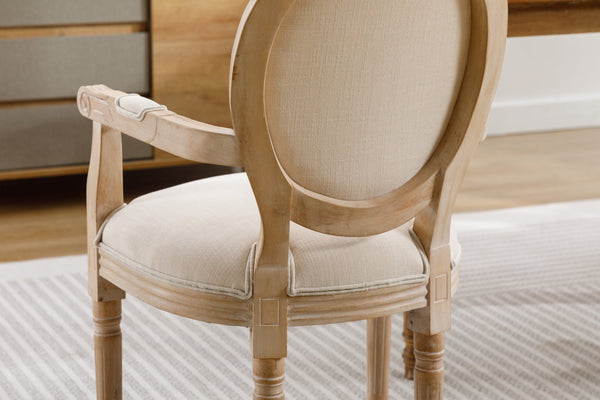 English Elm French Vintage Solid Wood Dining Chair Set of 2 — Carved Handrail, Linen Upholstery, Dense Foam Comfort W1622123549