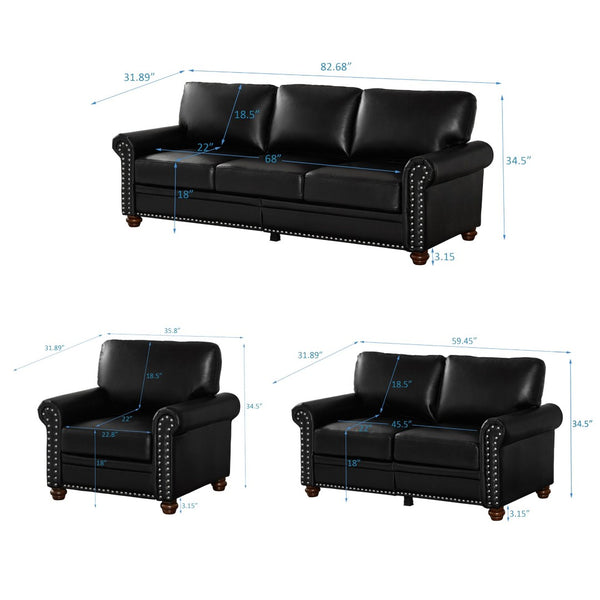 English Elm Living Room Faux Leather Sectional Set with Hidden Storage and Nailhead Trim Seating Black W1097S00276