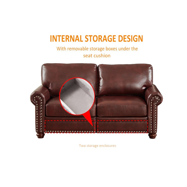 English Elm Living Room Sectional Sofa Set with Hidden Storage Pu Leather Nailhead Trim Burgundy W1097S00274
