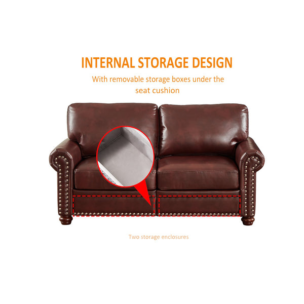 English Elm Living Room Sofa With Storage - Stylish 1+2+3 Sectional In Burgundy Faux Leather For Comfort & Functionality W1097S00095