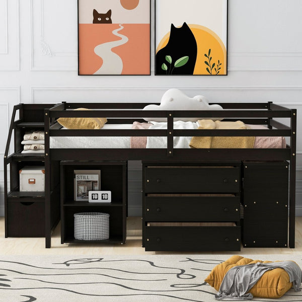 English Elm Full Size Pinewood Loft Bed with Fold Away Desk Storage Stairs and Three Drawers LT000217AAP