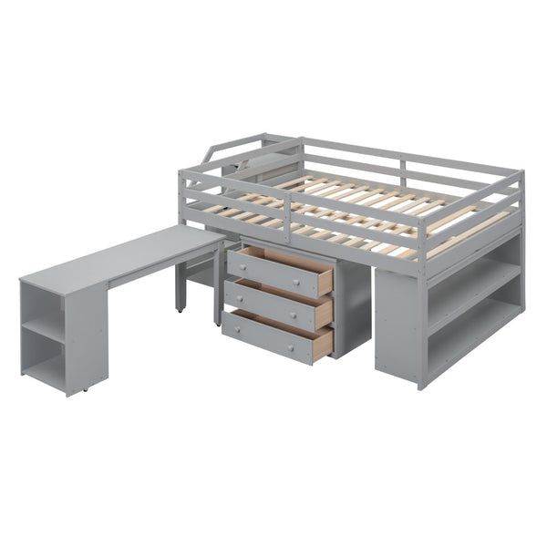 English Elm Full Size Loft Bed with Retractable Desk Stair Storage Drawers Pinewood Frame LT100217AAE