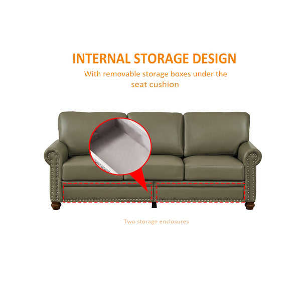 English Elm Living Room Sofa With Storage - Stylish Taupe Faux Leather Sectional For Modern Comfort & Function W1097S00091