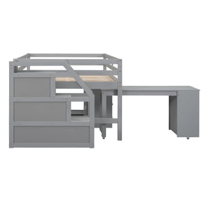 English Elm Full Size Loft Bed with Retractable Desk Stair Storage Drawers Pinewood Frame LT100217AAE