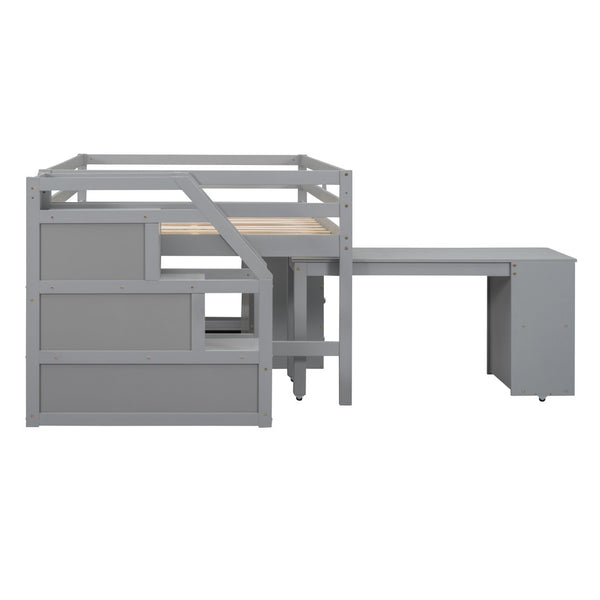 English Elm Full Size Loft Bed with Retractable Desk Stair Storage Drawers Pinewood Frame LT100217AAE