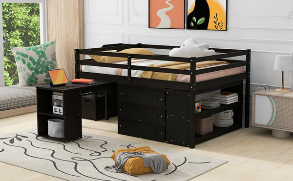 English Elm Full Size Loft Bed with Retractable Desk Stair Storage Drawers Pinewood Frame Espresso LT100217AAP