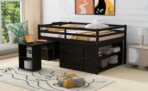 English Elm Full Size Pinewood Loft Bed with Fold Away Desk Storage Stairs and Three Drawers LT000217AAP