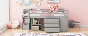 English Elm Full Size Loft Bed with Retractable Desk Stair Storage Drawers Pinewood Frame LT100217AAE