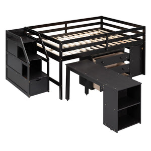 English Elm Full Size Loft Bed with Retractable Desk Stair Storage Drawers Pinewood Frame Espresso LT100217AAP
