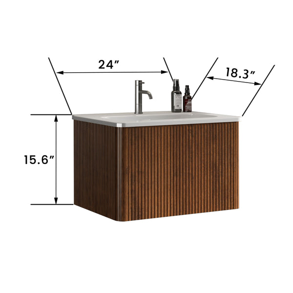 English Elm U046-Etna24W-305 Striped Walnut Floating Vanity with Glossy White Integrated Sink, Push-Open Drawer, Curved Edges W1865128395