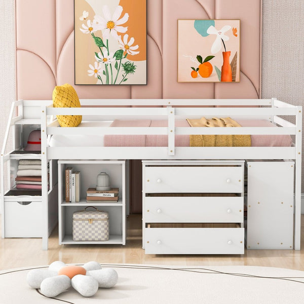 English Elm Full Size Loft Bed with Retractable Desk Stair Storage Drawers Pinewood Frame White LT100217AAK