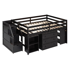English Elm Full Size Pinewood Loft Bed with Fold Away Desk Storage Stairs and Three Drawers LT000217AAP