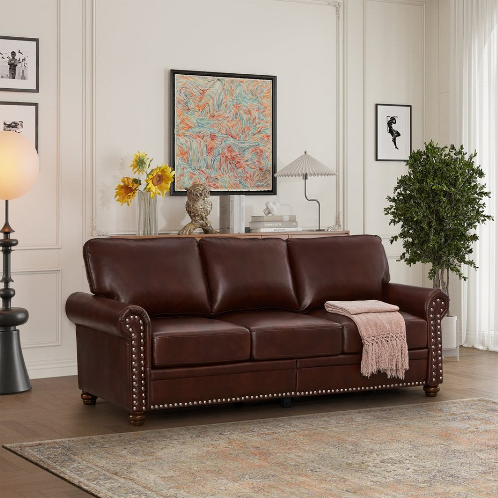 English Elm Classic Three Seat Faux Leather Sofa with Nailhead Trim and Hidden Storage W1097S00271