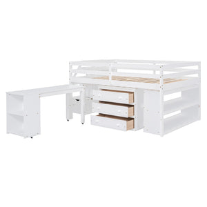 English Elm Full Size Loft Bed with Retractable Desk Stair Storage Drawers Pinewood Frame White LT100217AAK