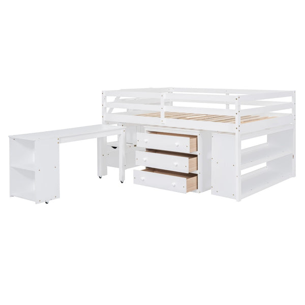 English Elm Full Size Loft Bed with Retractable Desk Stair Storage Drawers Pinewood Frame White LT100217AAK