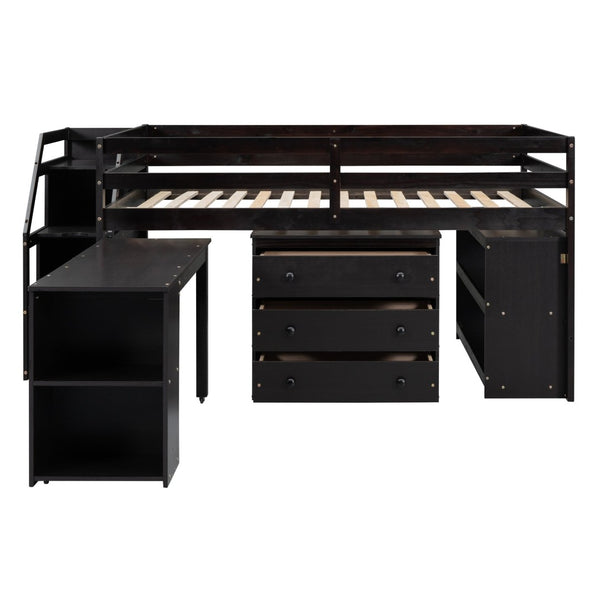 English Elm Full Size Pinewood Loft Bed with Fold Away Desk Storage Stairs and Three Drawers LT000217AAP