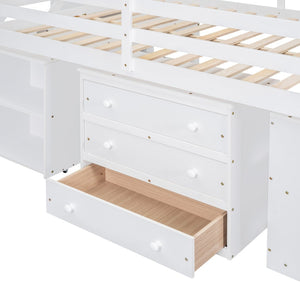 English Elm Full Size Loft Bed with Retractable Desk Stair Storage Drawers Pinewood Frame White LT100217AAK