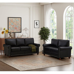 English Elm Living Room Sectional Sofa Set with Hidden Storage Pu Leather Nailhead Trim Black W1097S00273