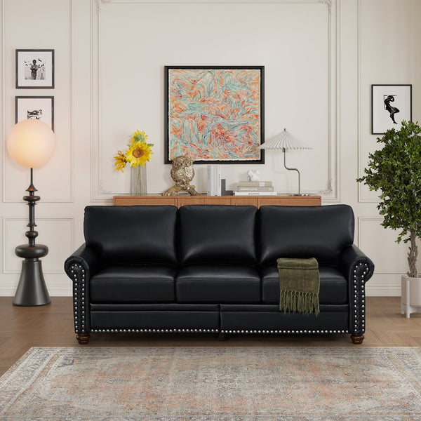 English Elm Classic Chesterfield sofa elegant faux leather 3-seater 88.5"L durable solid wood frame high weight capacity Black W1097S00087