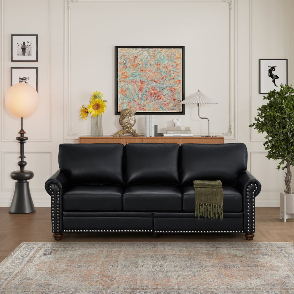 English Elm Classic Three Seat Faux Leather Sofa with Nailhead Trim and Under Storage W1097S00270