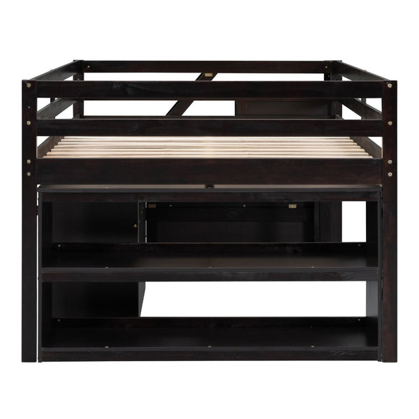 English Elm Full Size Loft Bed with Retractable Desk Stair Storage Drawers Pinewood Frame Espresso LT100217AAP