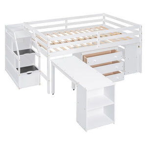 English Elm Full Size Loft Bed with Retractable Desk Stair Storage Drawers Pinewood Frame White LT100217AAK