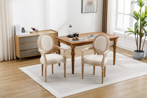 English Elm French Vintage Solid Wood Dining Chair Set of 2 — Carved Handrail, Linen Upholstery, Dense Foam Comfort W1622123549