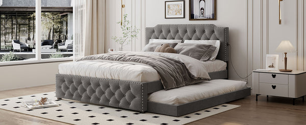 English Elm Queen Upholstered Platform Bed with Button-Tufted Headboard, Twin Trundle & Dual USB Ports, Linen Gray SF000042AAE