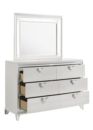 English Elm Modern 6-Drawer Dresser with Mirror Accent, V-Shape Handles, White Finish — Sleek Storage & Style B009133858